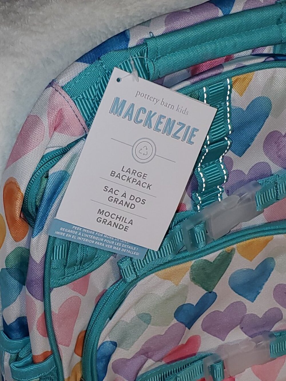 POTTERY BARN KIDS AQUA RAINBOW HEARTS LARGE MACKENZIE Backpack NWT! HTF! - Picture 4 of 12
